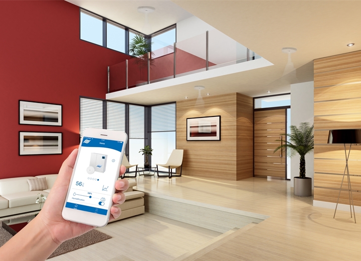 Condair MN mobile app being used in a room with three spray heads for precise humidity control