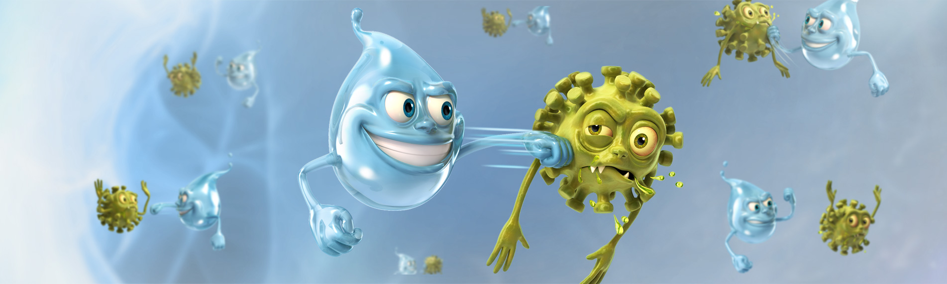 Cartoon water droplet fighting infectious aerosols 